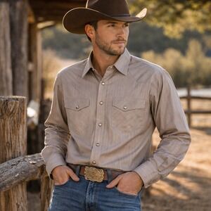 Larry Mahan Western Pearl Snap Shirt XL Beige Dobby Cowboy Rodeo